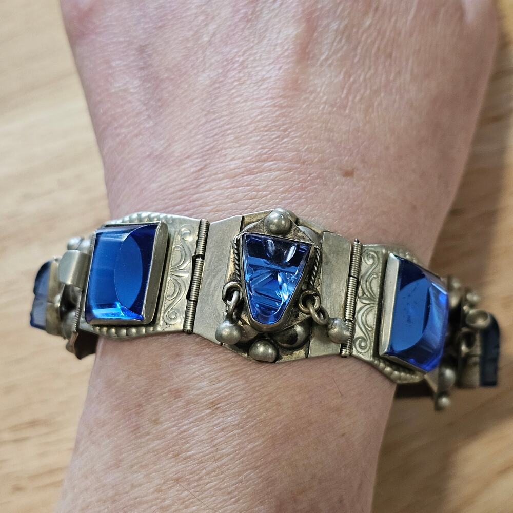 Vintage Taxco Sterling Silver Tribal Mask Cabochon Panel Bracelet Blue Glass